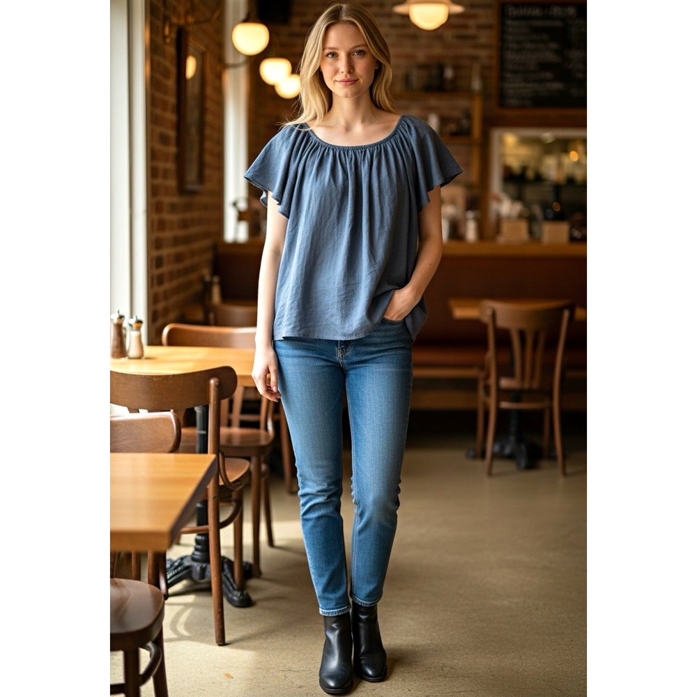 GAP Women’s Blue Solid Scoop Neck Flutter Short Sleeve Peasant Blouse M 694543